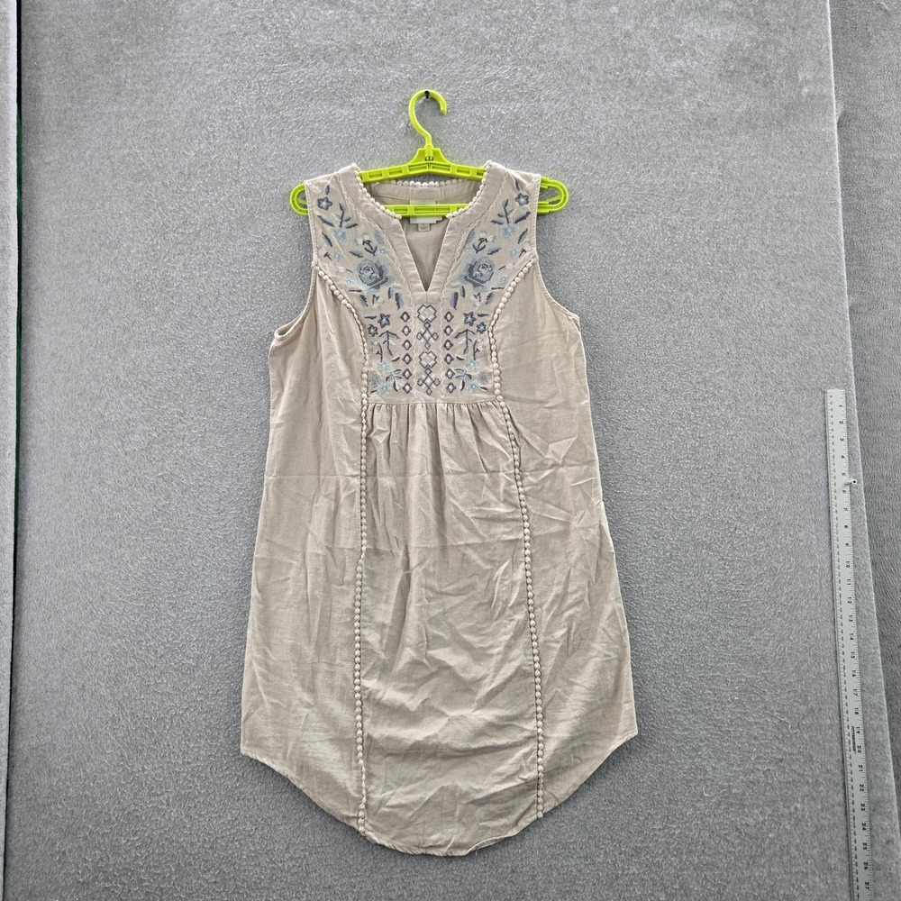 Knox Rose Women Dress L Brown Linen Rayon Floral Geometric Embroidered Mini